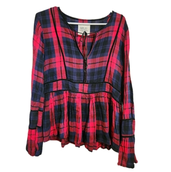 Thread & Supply Plaid Henley Top Size Medium - Picture 1 of 7